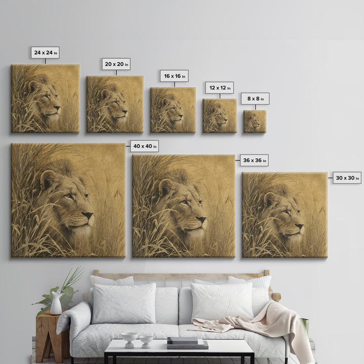 Lion Emerging from Golden Savanna Grass Framed Canvas Print, Wildlife Art, Art Print, Living Room Decor, Watercolor Art, Wild, WIL-1x1-73