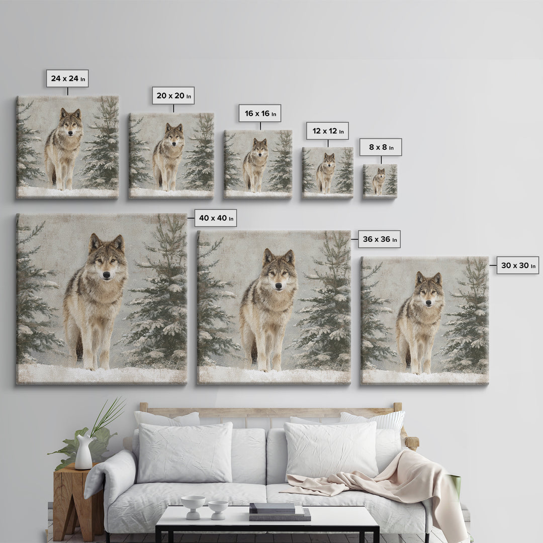 Wolf Standing Beneath Snowy Pine Trees Canvas Print, Wildlife Art, Modern Decor, Living Room Decor, Fine Art, Wild, Home Decor, WIL-1x1-75
