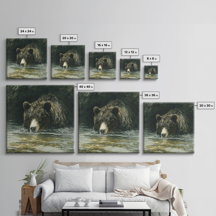 Bear Fishing in Rushing Mountain River Canvas Print, Wildlife Art, Canvas Painting, Living Room Decor, Fine Art, Wild, WIL-1x1-76