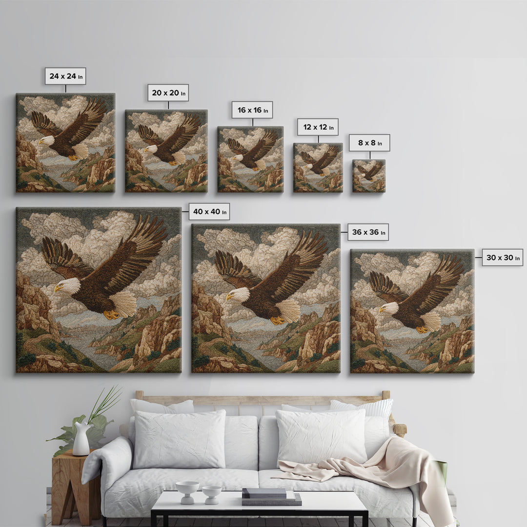 Eagle Soaring Above Rocky Cliffs Framed Canvas Print, Wildlife Art, Gallery Decor, Living Room Decor, Fine Art, Wild, WIL-1x1-78