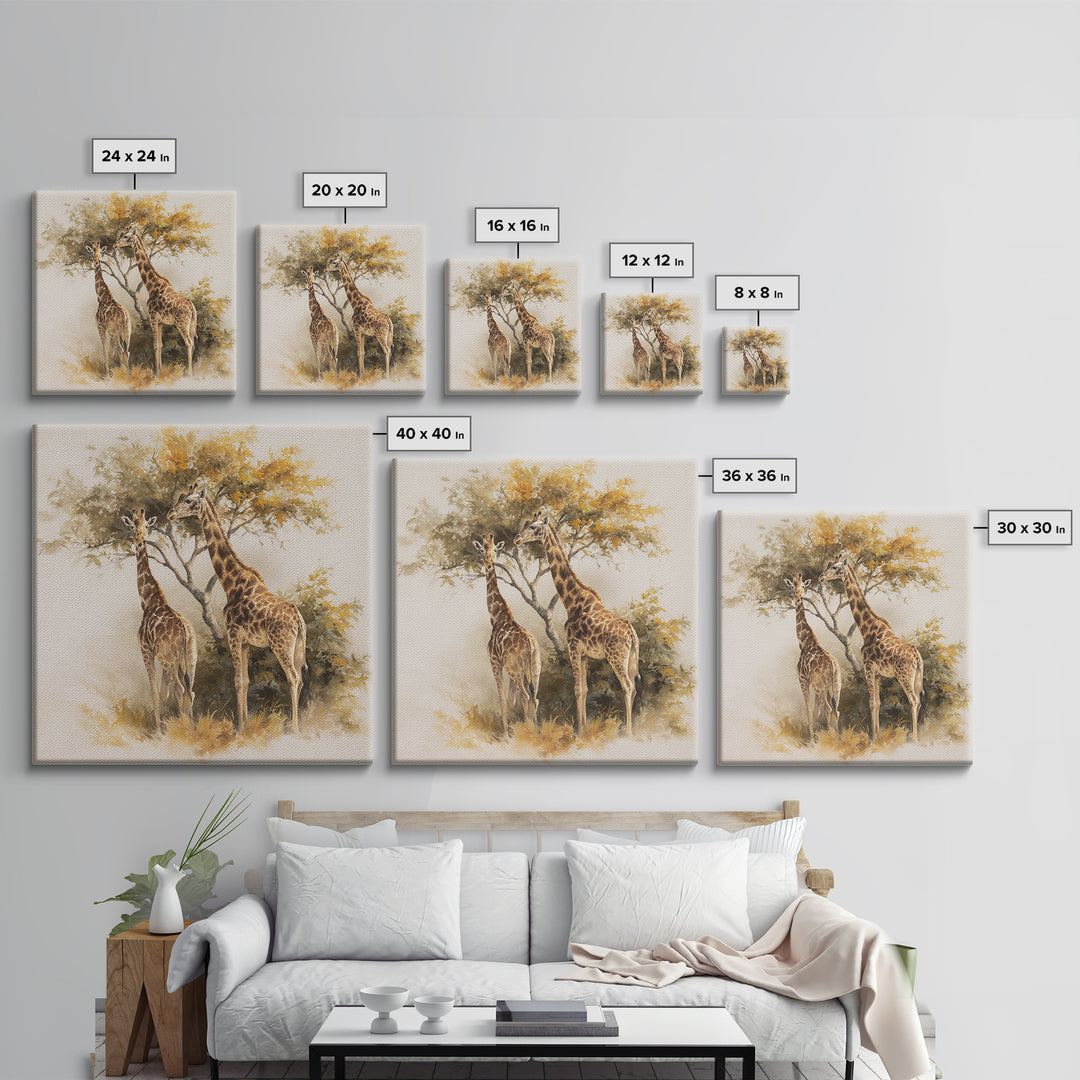 Giraffe Pair under Acacia Tree Framed Canvas Print, Wildlife Art, Fine Art Print, Living Room Decor, Oil Painting, Wild, WIL-1x1-79