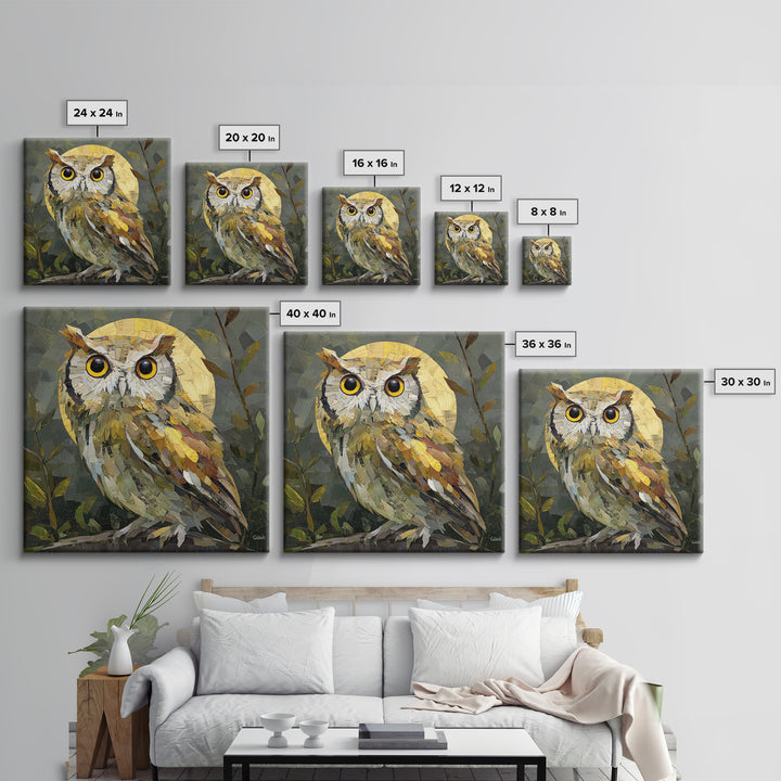 Owl Perched in Moonlit Woodland Framed Canvas Print, Wildlife Art, Nature Wall Art, Living Room Decor, Abstract Art, Wild, WIL-1x1-84