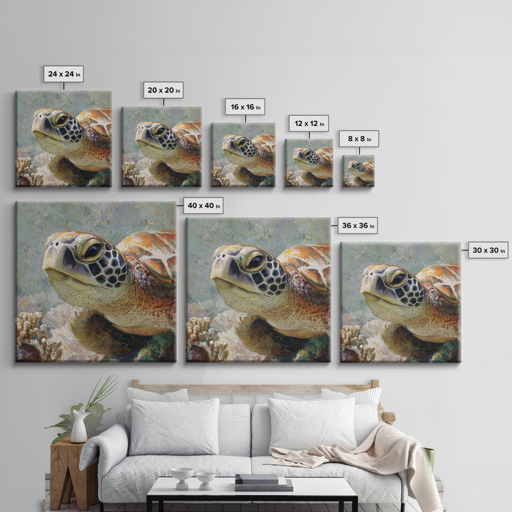 Sea Turtle over Coral Reef Canvas Print, Wildlife Art, Forest Wall Art, Living Room Decor, Fine Art, Wild, Textured Painting, WIL-1x1-90
