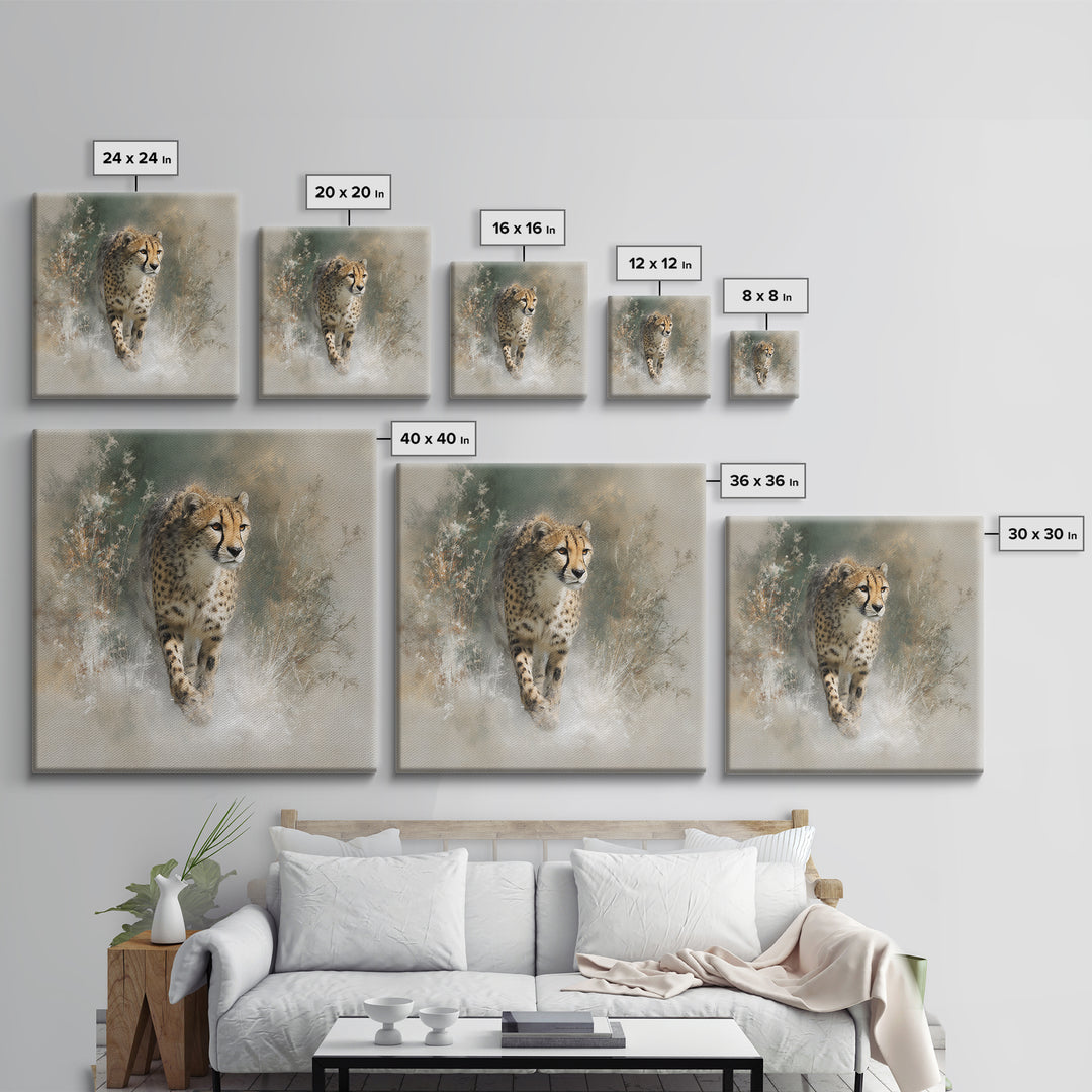 Cheetah Running Through Warm Dust Framed Canvas Print, Wildlife Art, Luxury Decor, Living Room Decor, Oil Painting, Wild, WIL-1x1-93