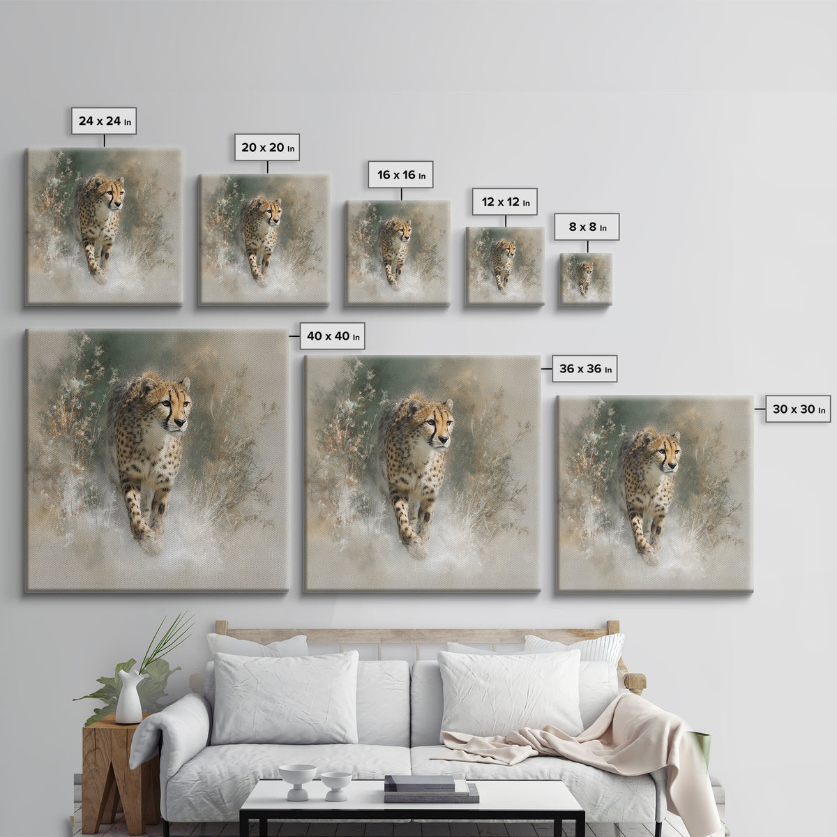 Cheetah Running Through Warm Dust Framed Canvas Print, Wildlife Art, Luxury Decor, Living Room Decor, Oil Painting, Wild, WIL-1x1-93