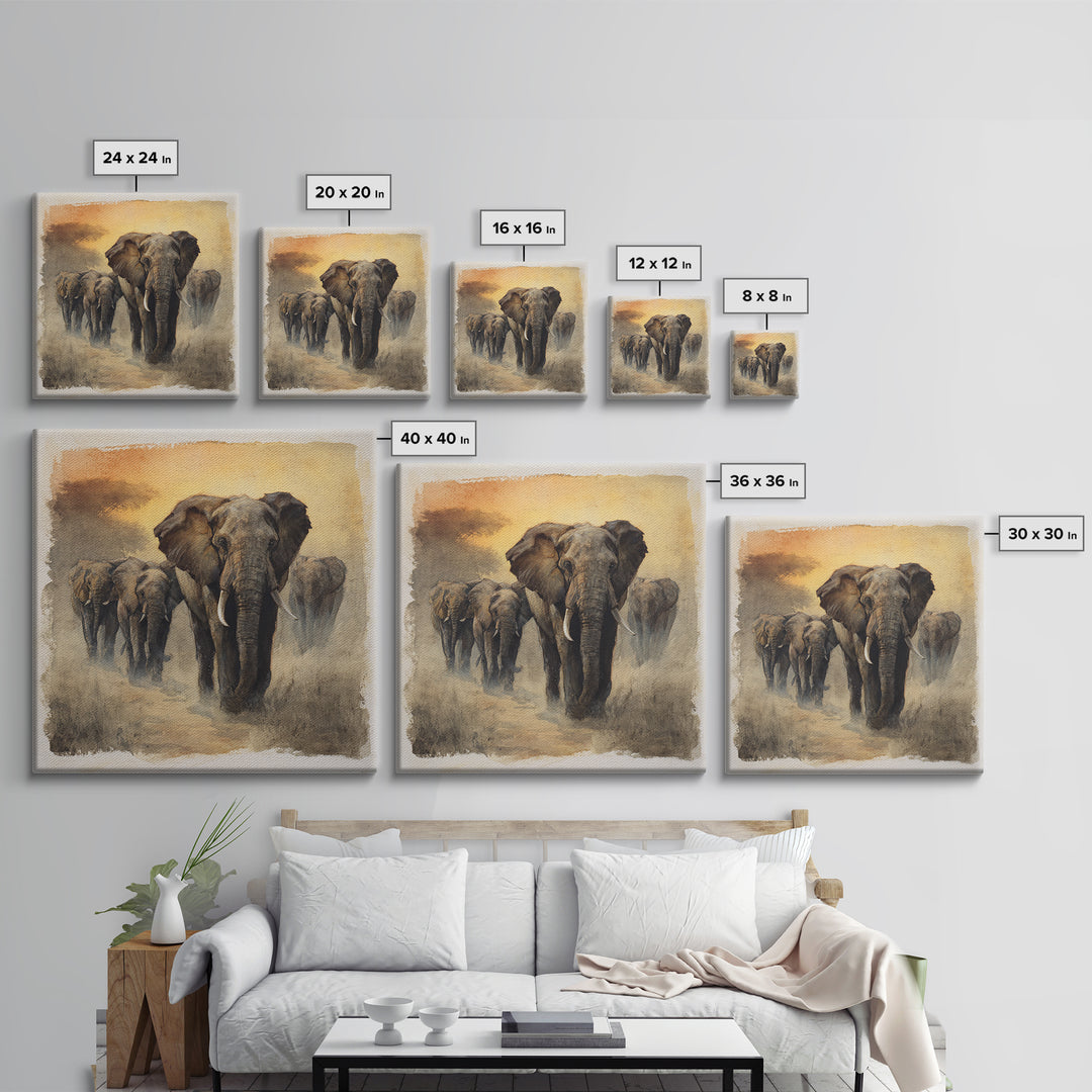 Elephant Herd Walking Through Dusty Sunset Canvas Print, Wildlife Art, Boho Decor, Living Room Decor, Fine Art, Wild, WIL-1x1-98