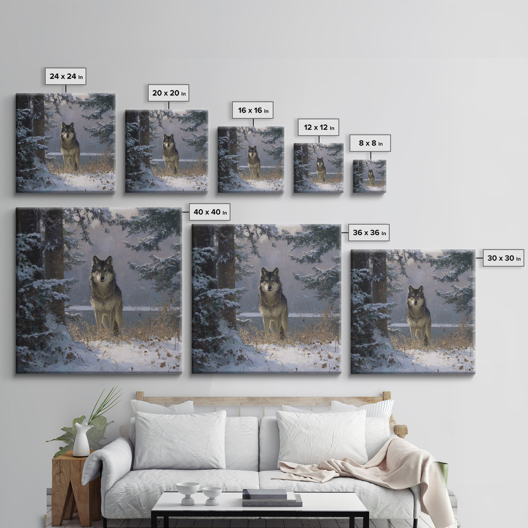 Wolf Standing Beneath Snowy Pine Trees Canvas Print, Wildlife Art, Wall Art, Living Room Decor, Fine Art, Wild, Modern Wall Art, WIL-1x1-99
