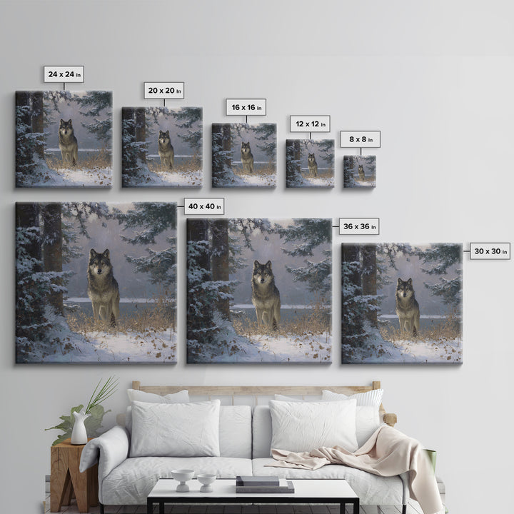 Wolf Standing Beneath Snowy Pine Trees Canvas Print, Wildlife Art, Wall Art, Living Room Decor, Fine Art, Wild, Modern Wall Art, WIL-1x1-99