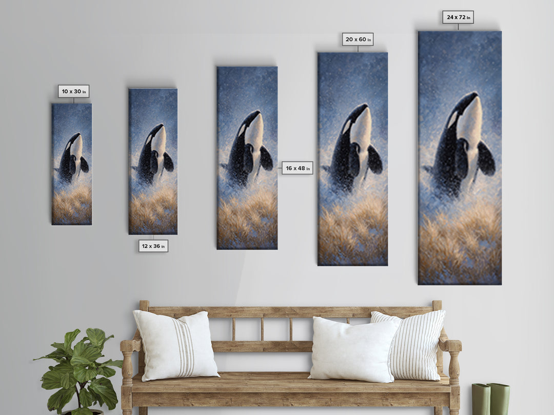 Orca Breaching in Cold Ocean Canvas Print, Wildlife Art, Modern Wall Art, Living Room Decor, Fine Art, Wild, Bird Wall Art, WIL-1x3-11