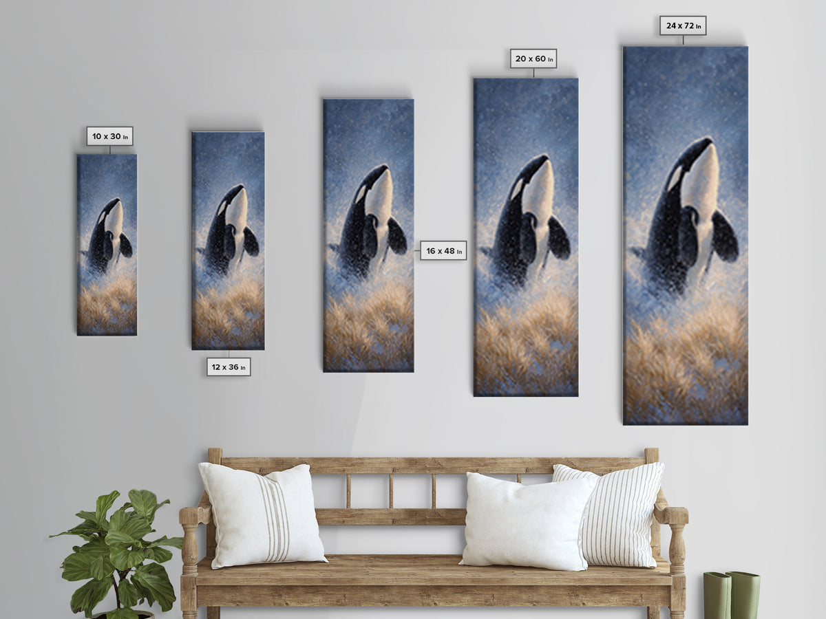 Orca Breaching in Cold Ocean Canvas Print, Wildlife Art, Modern Wall Art, Living Room Decor, Fine Art, Wild, Bird Wall Art, WIL-1x3-11