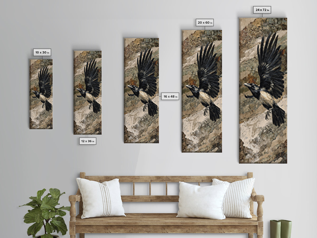 Raven Flying Through Snowy Mountains Canvas Print, Wildlife Art, Boho Decor, Living Room Decor, Fine Art, Wild, Painting, WIL-1x3-12