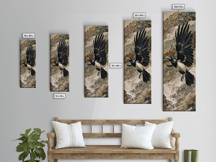 Raven Flying Through Snowy Mountains Canvas Print, Wildlife Art, Boho Decor, Living Room Decor, Fine Art, Wild, Painting, WIL-1x3-12