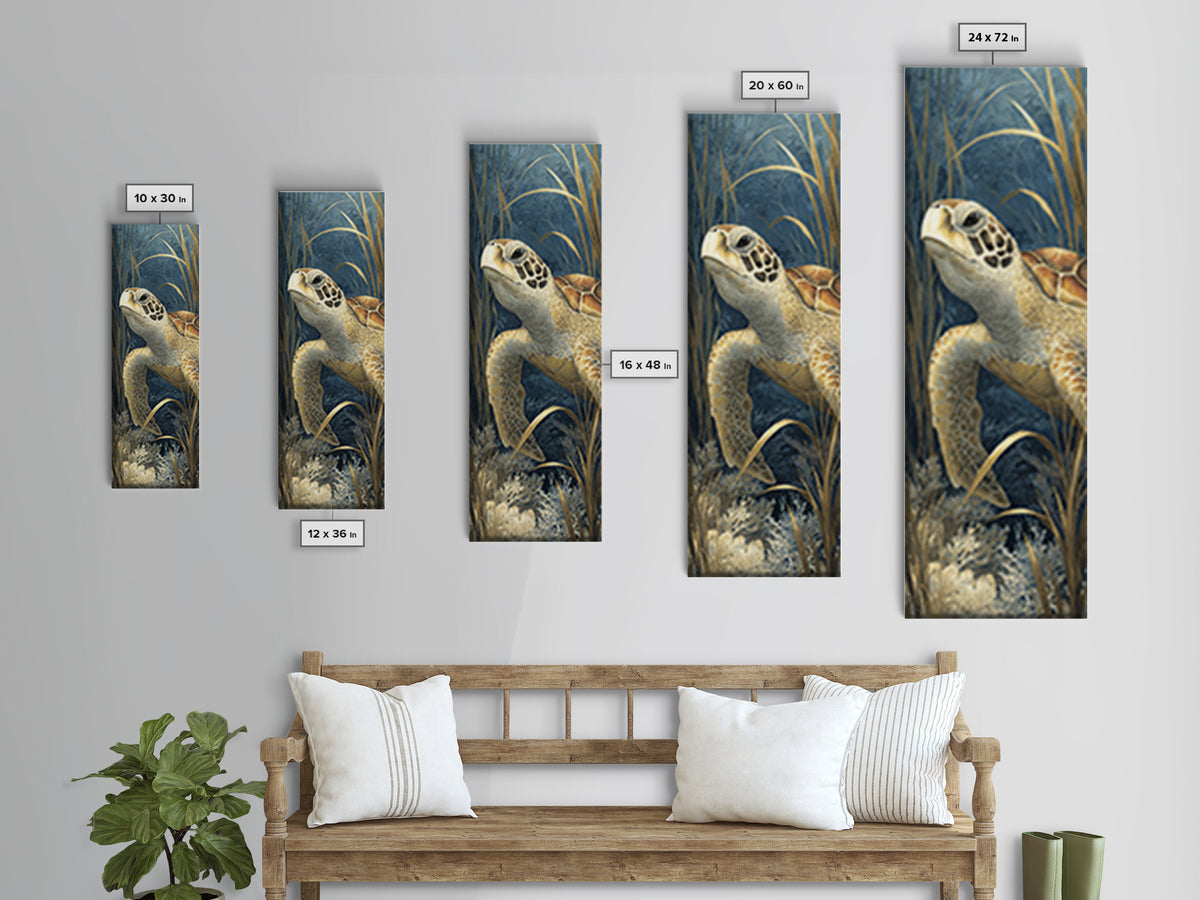 Sea Turtle over Coral Reef Framed Canvas Print, Wildlife Art, Canvas Painting, Living Room Decor, Oil Painting, Wild, WIL-1x3-30