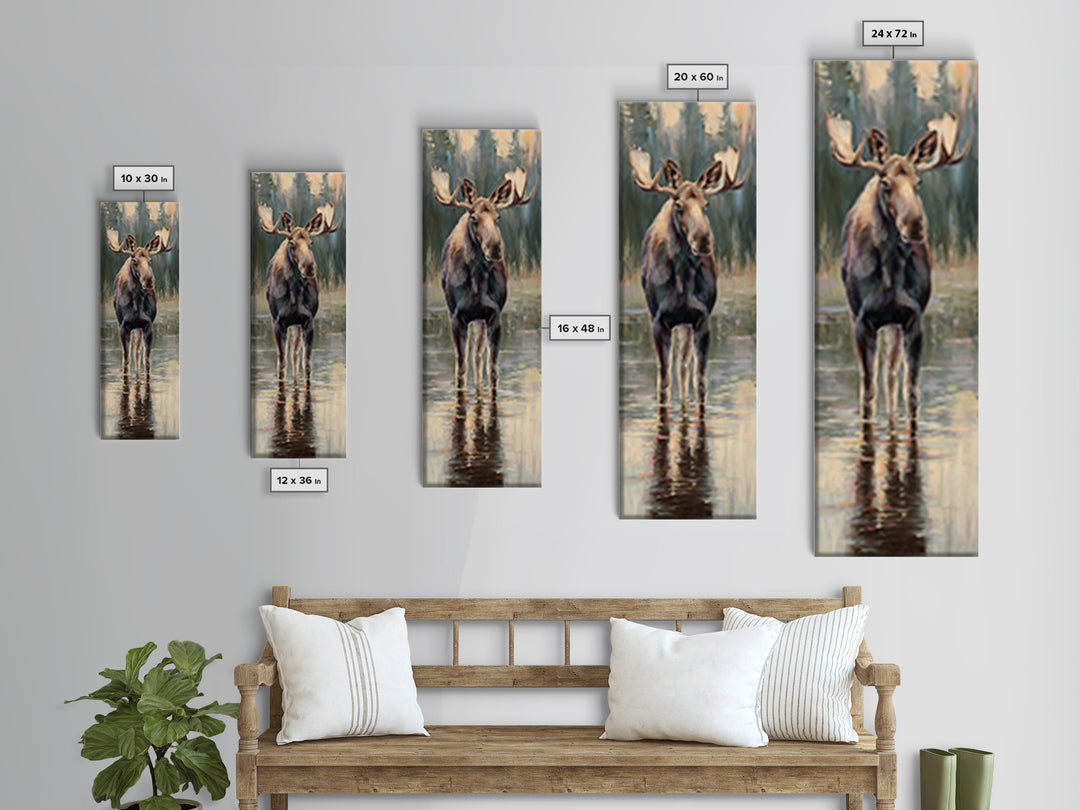 Moose Standing in Reflective Lake Framed Canvas Print, Wildlife Art, Wall Hangings, Living Room Decor, Watercolor Art, Wild, WIL-1x3-31