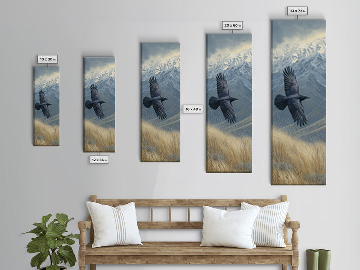 Raven Flying Through Snowy Mountains Framed Canvas Print, Wildlife Art, Living Room Decor, Watercolor Art, Wild, WIL-1x3-36