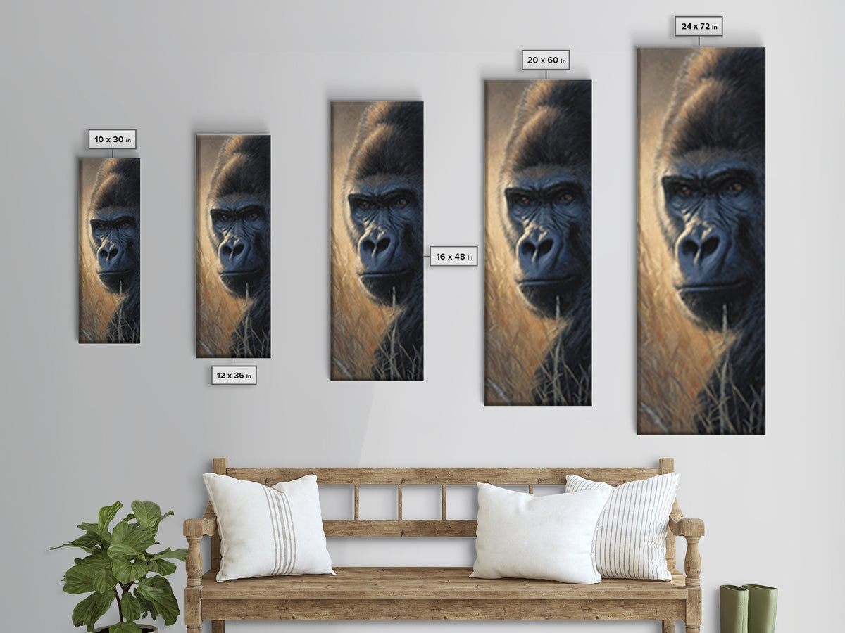 Gorilla Portrait with Powerful Gaze Canvas Print, Wildlife Art, Rustic Home Decor, Living Room Decor, Oil Painting, Wild, WIL-1x3-5