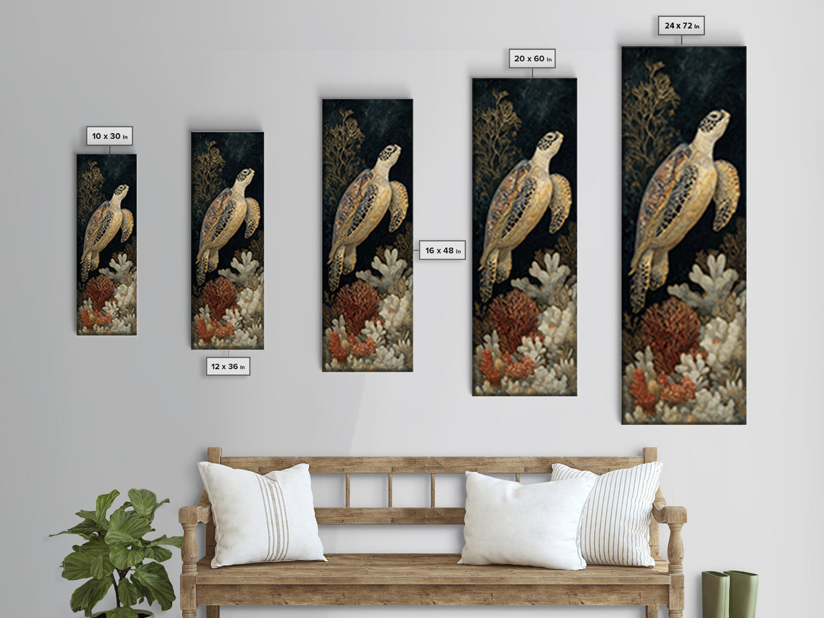 Sea Turtle over Coral Reef Framed Canvas Print, Wildlife Art, Canvas Painting, Living Room Decor, Oil Painting, Wild, WIL-1x3-54