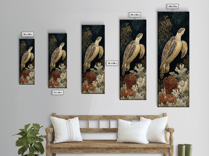 Sea Turtle over Coral Reef Framed Canvas Print, Wildlife Art, Canvas Painting, Living Room Decor, Oil Painting, Wild, WIL-1x3-54