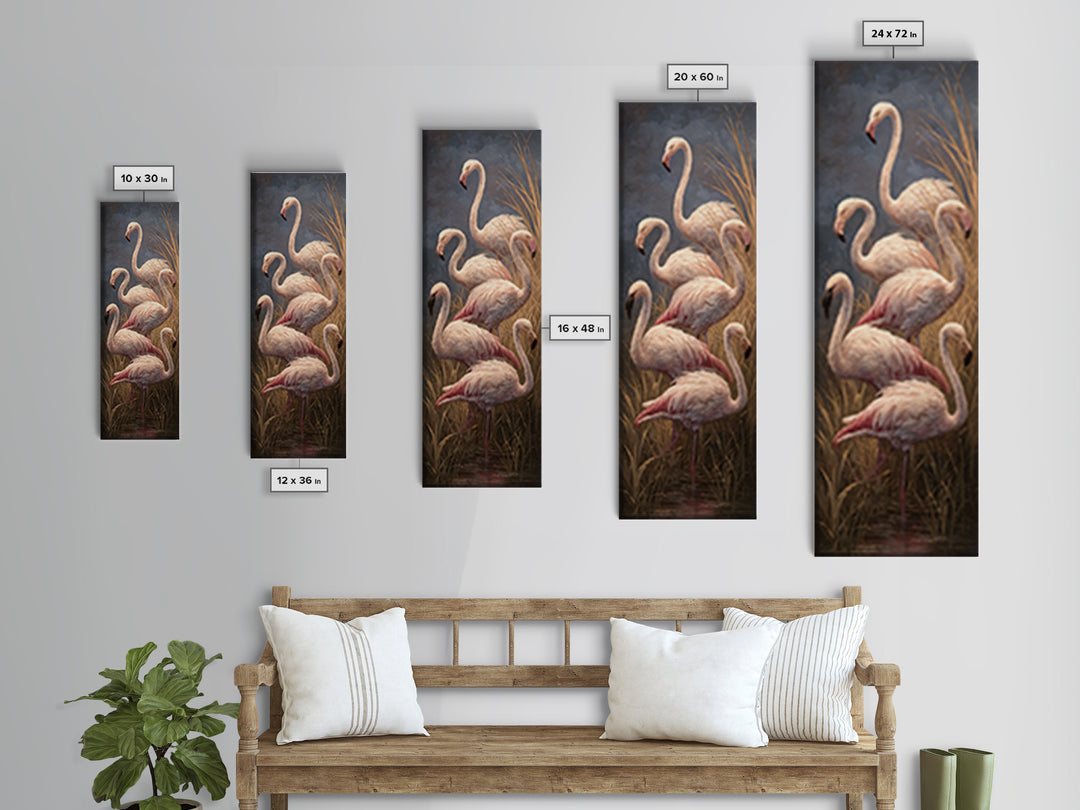 Flamingos in Pink Shallow Water Framed Canvas Print, Wildlife Art, Bird Wall Art, Living Room Decor, Watercolor Art, Wild, WIL-1x3-58