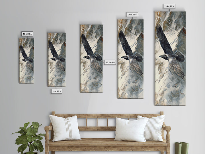 Raven Flying Through Snowy Mountains Canvas Print, Wildlife Art, Wall Decor, Living Room Decor, Wild, Living Room Wall Art, WIL-1x3-60