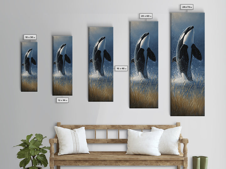 Orca Breaching in Cold Ocean Framed Canvas Print, Wildlife Art, Bird Art, Living Room Decor, Fine Art, Wild, Original Artwork, WIL-1x3-83