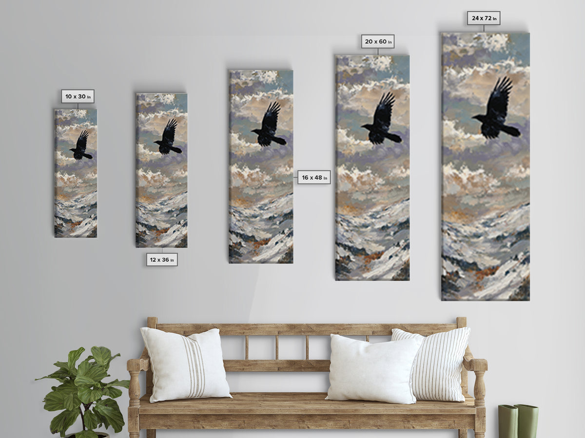 Raven Flying Through Snowy Mountains Framed Canvas Print, Wildlife Art, Original Art, Living Room Decor, Oil Painting, Wild, WIL-1x3-84