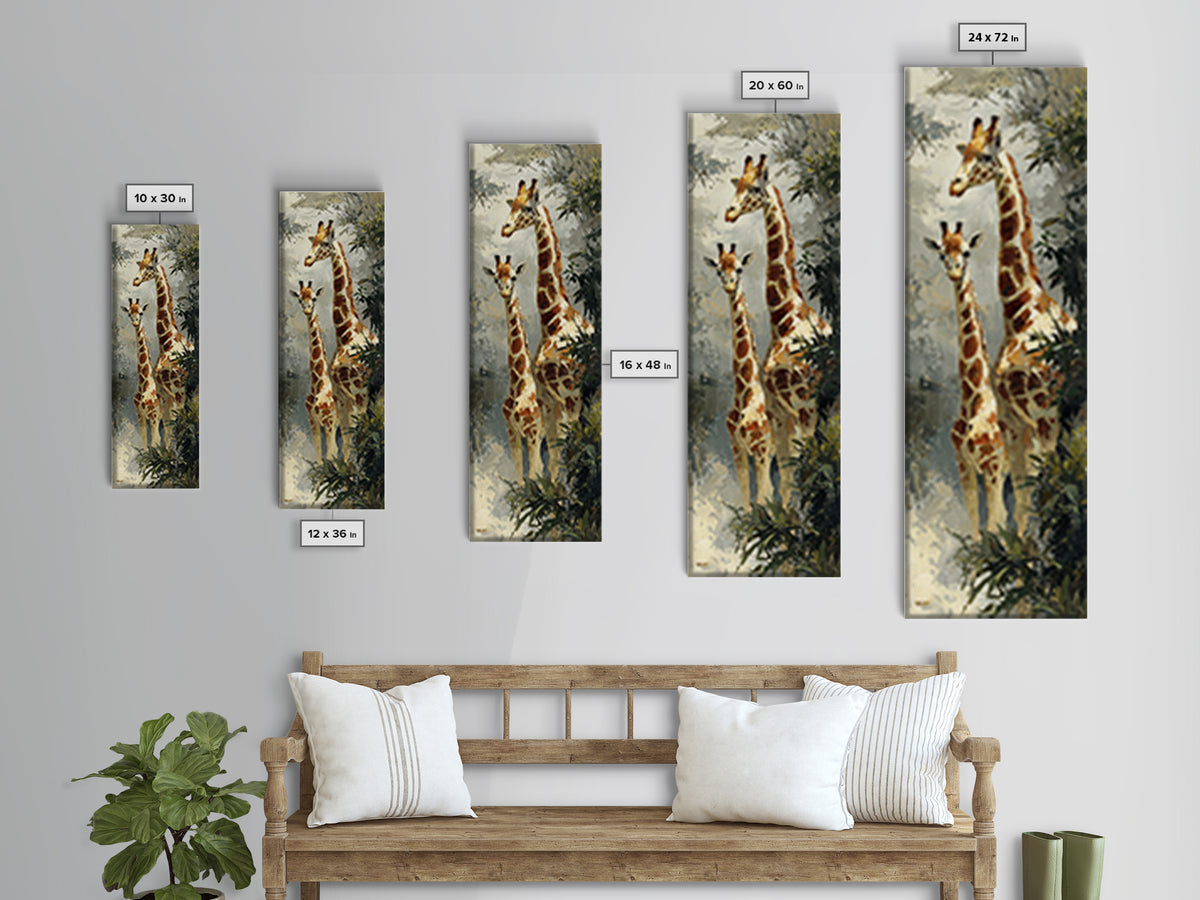 Giraffe Pair under Acacia Tree Framed Canvas Print, Wildlife Art, Bird Wall Art, Living Room Decor, Oil Painting, Wild, WIL-1x3-91