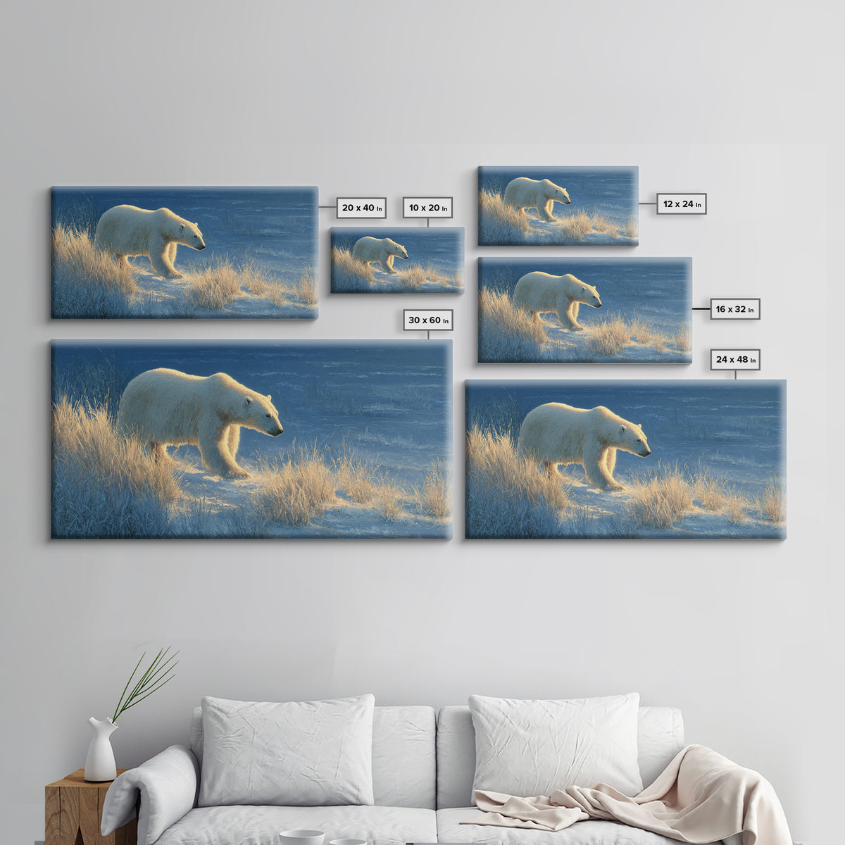 Polar Bear Crossing Blue Ice Framed Canvas Print, Wildlife Art, Bedroom Wall Art, Living Room Decor, Wild, Gallery Decor, WIL-2x1-11