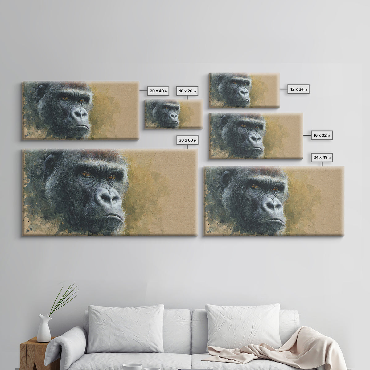 Gorilla Portrait with Powerful Gaze Framed Canvas Print, Wildlife Art, Minimalist Decor, Living Room Decor, Oil Painting, Wild, WIL-2x1-13