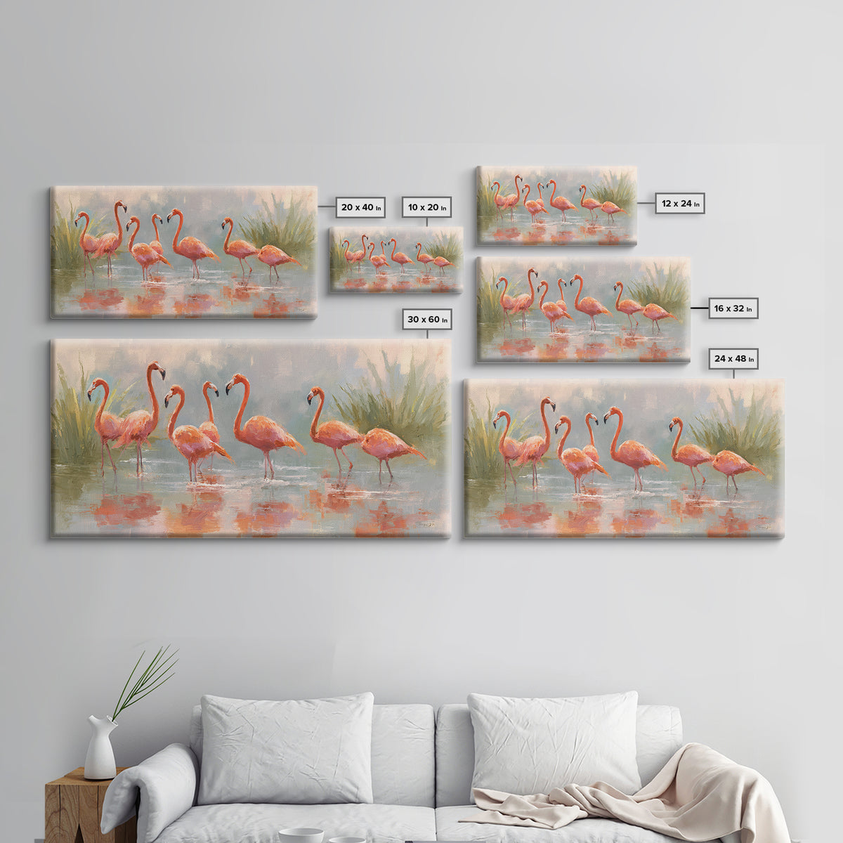Flamingos in Pink Shallow Water Framed Canvas Print, Wildlife Art, Statement Artwork, Living Room Decor, Fine Art, Wild, WIL-2x1-18