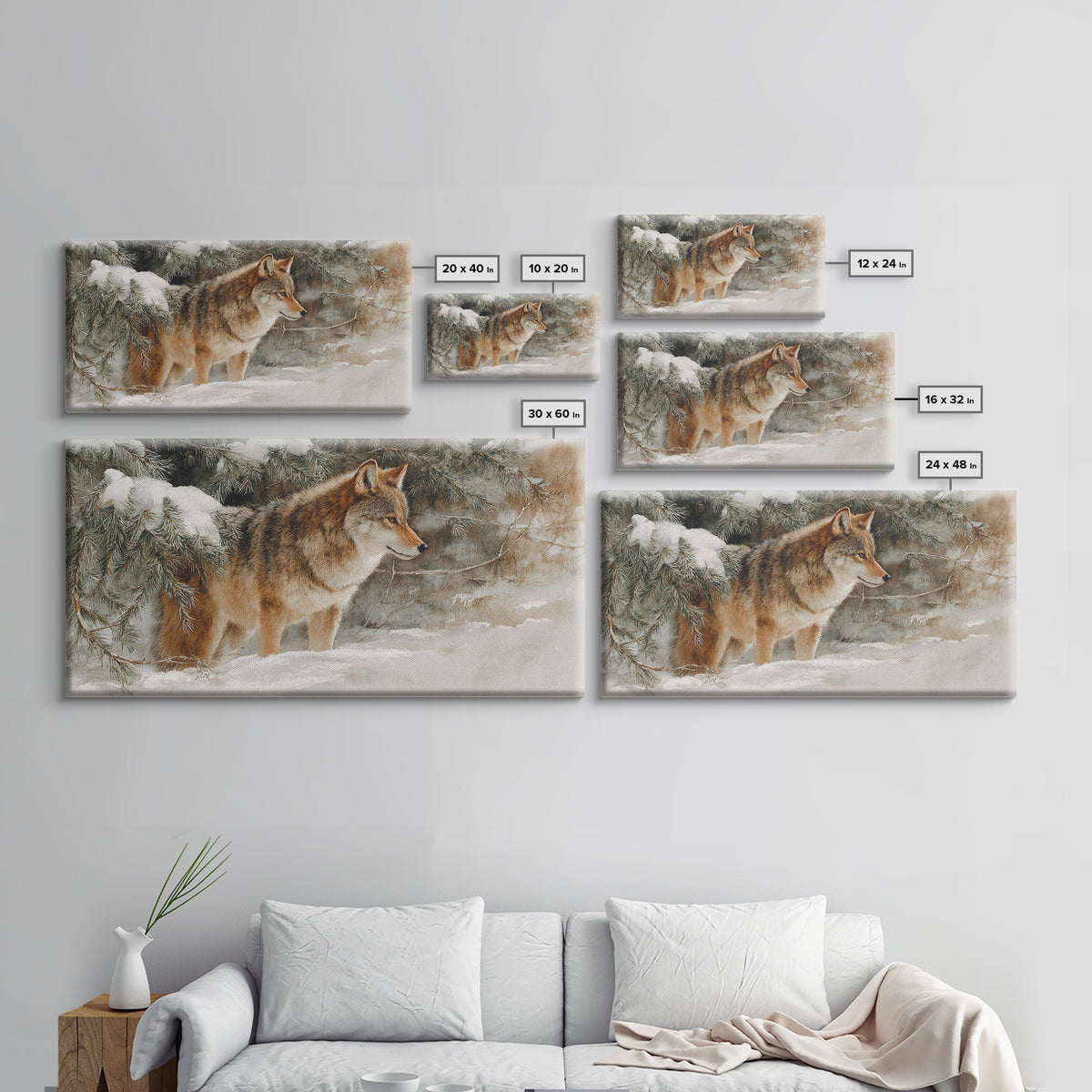 Wolf Standing Beneath Snowy Pine Trees Framed Canvas Print, Wildlife Art, Oil Painting, Living Room Decor, Watercolor Art, Wild, WIL-2x1-23