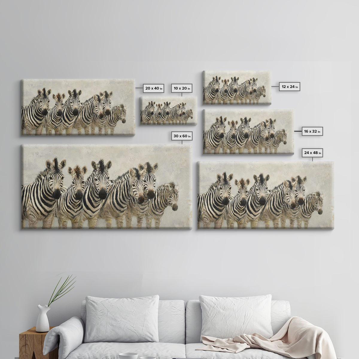 Zebra Herd in Graphic Black and White Canvas Print, Wildlife Art, Large Wall Art, Living Room Decor, Wild, Landscape Art, WIL-2x1-31