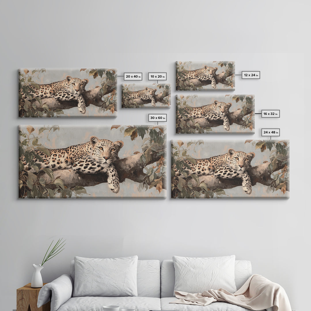 Leopard Resting on Tree Branch Framed Canvas Print, Wildlife Art, Art Print, Living Room Decor, Watercolor Art, Wild, WIL-2x1-34