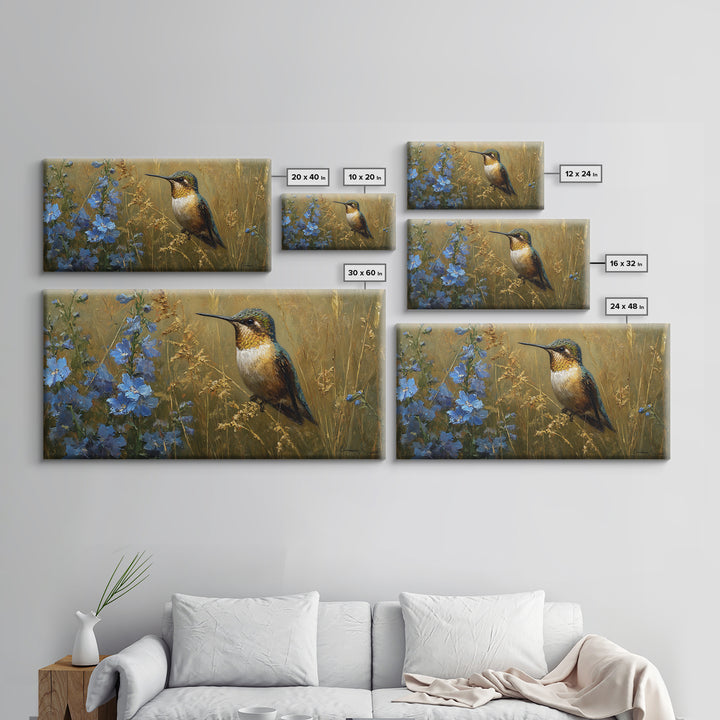 Hummingbird Beside Bright Flowers Canvas Print, Wildlife Art, Wall Art, Living Room Decor, Fine Art, Wild, Modern Wall Art, WIL-2x1-36