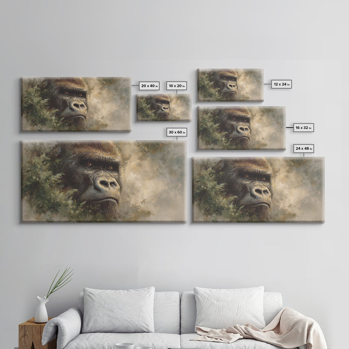 Gorilla Portrait with Powerful Gaze Framed Canvas Print, Wildlife Art, Minimalist Decor, Living Room Decor, Oil Painting, Wild, WIL-2x1-37