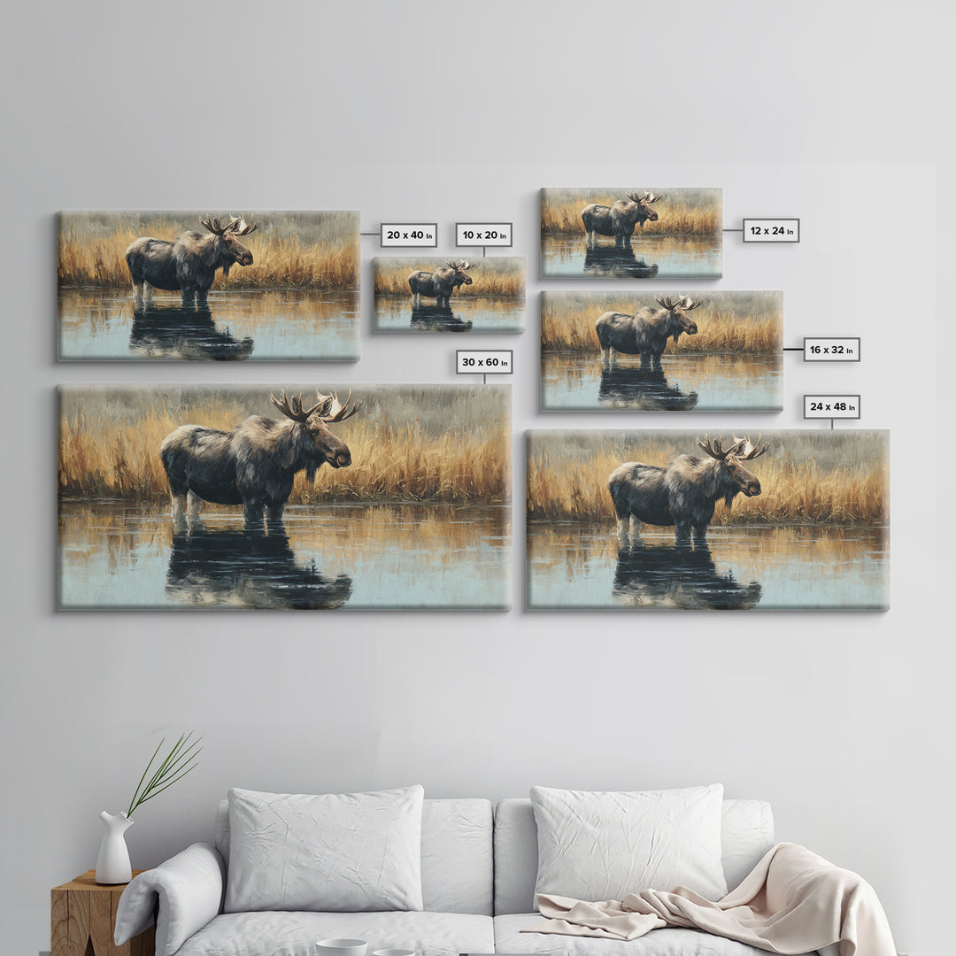 Moose Standing in Reflective Lake Canvas Print, Wildlife Art, Painting, Living Room Decor, Fine Art, Wild, Living Room Wall Art, WIL-2x1-39
