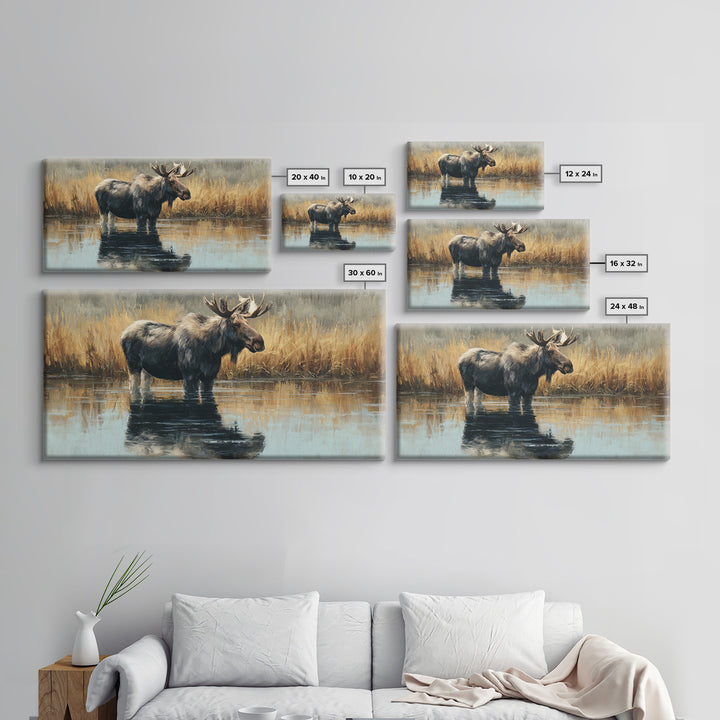 Moose Standing in Reflective Lake Canvas Print, Wildlife Art, Painting, Living Room Decor, Fine Art, Wild, Living Room Wall Art, WIL-2x1-39