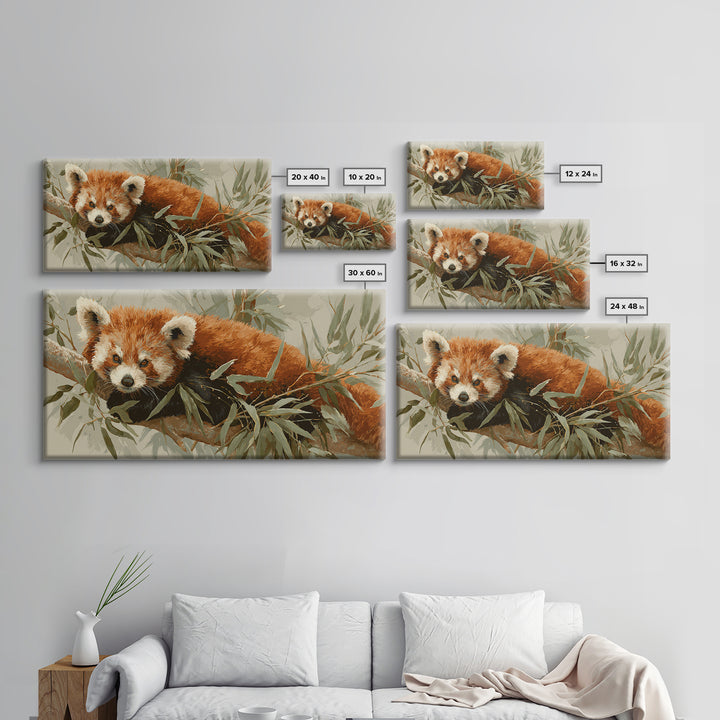 Red Panda Among Bamboo Leaves Framed Canvas Print, Wildlife Art, Home Decor, Living Room Decor, Fine Art, Wild, Boho Wall Decor, WIL-2x1-40