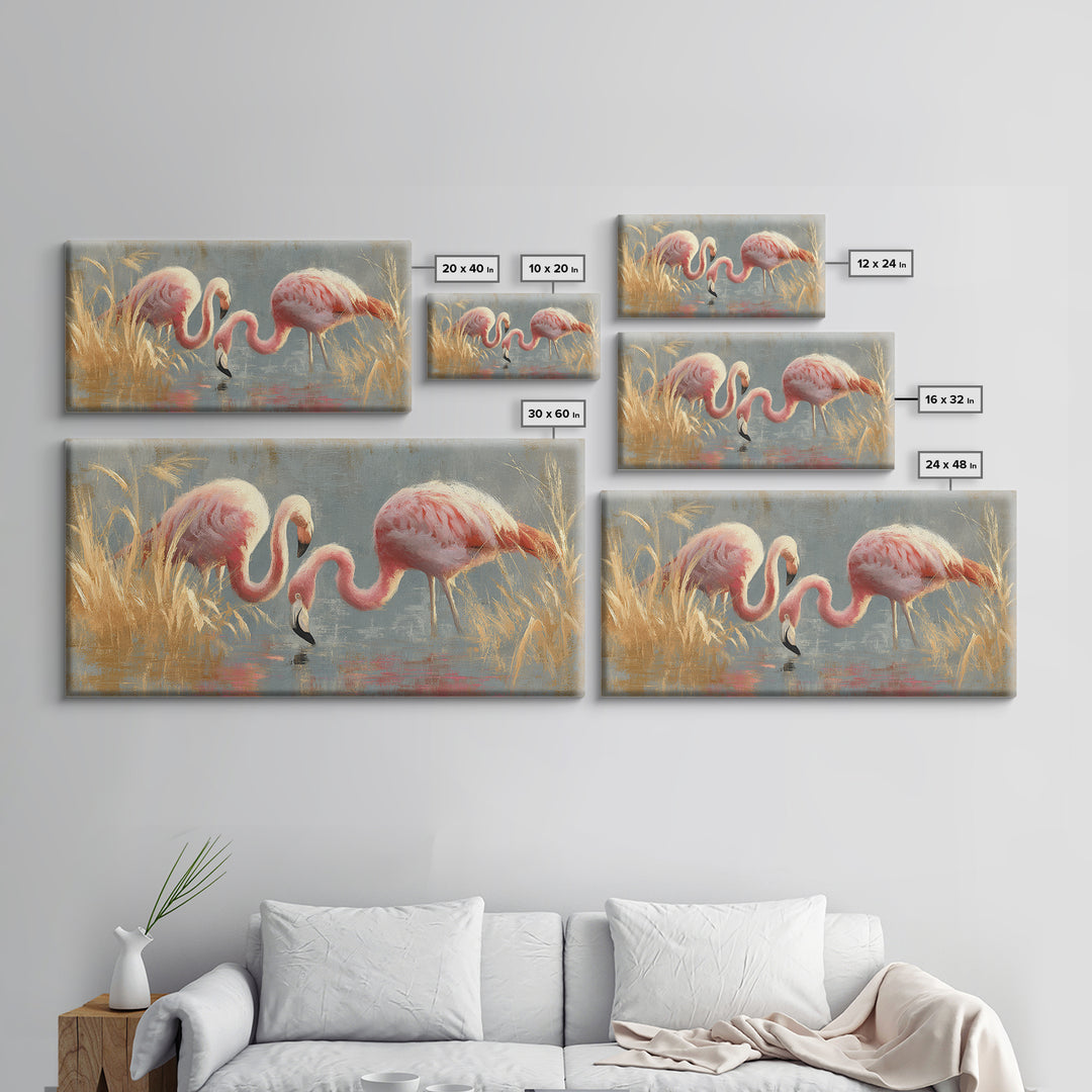 Flamingos in Pink Shallow Water Framed Canvas Print, Wildlife Art, Statement Artwork, Living Room Decor, Fine Art, Wild, WIL-2x1-42