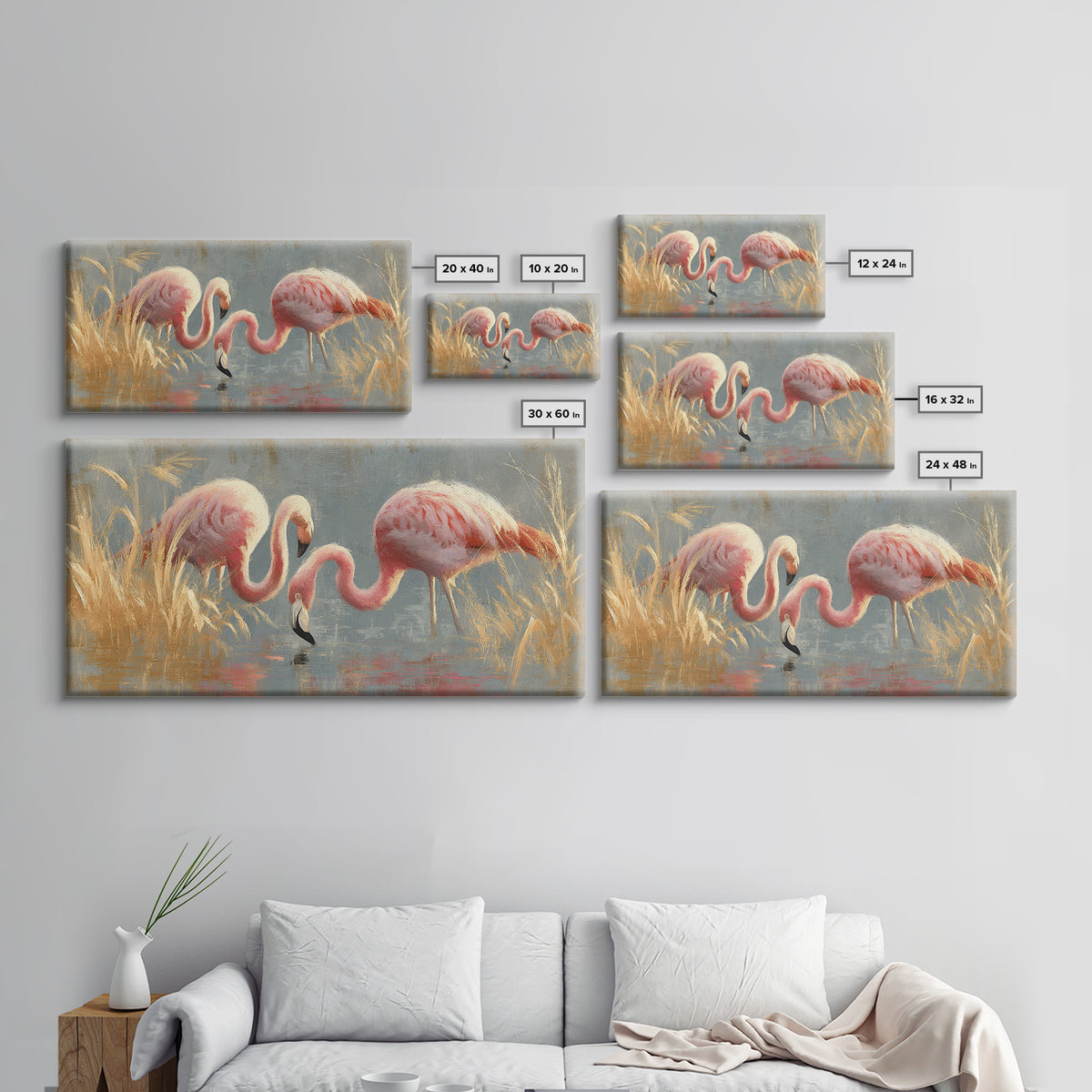 Flamingos in Pink Shallow Water Framed Canvas Print, Wildlife Art, Statement Artwork, Living Room Decor, Fine Art, Wild, WIL-2x1-42