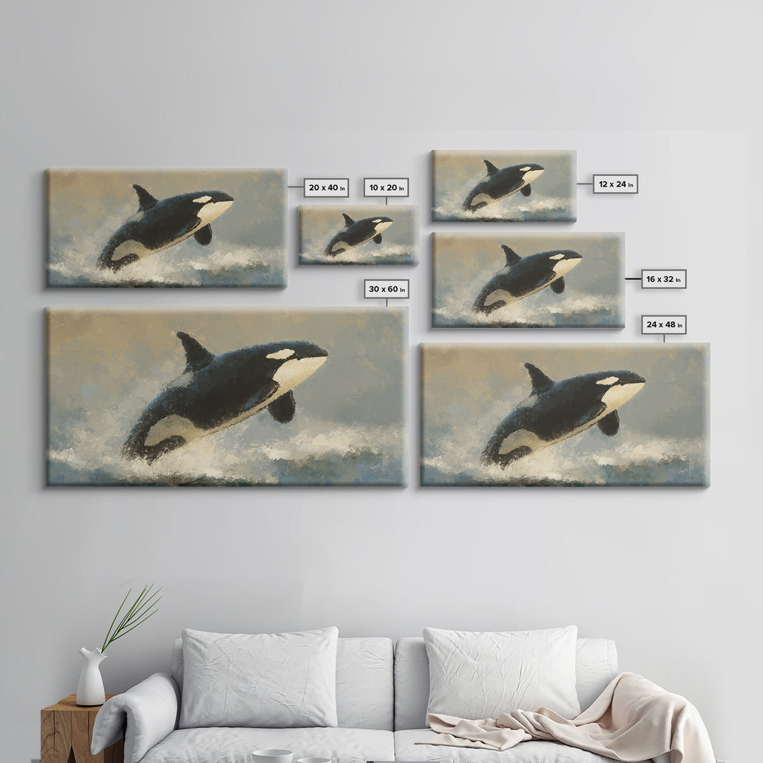 Orca Breaching in Cold Ocean Framed Canvas Print, Wildlife Art, Wall Hangings, Living Room Decor, Oil Painting, Wild, WIL-2x1-43
