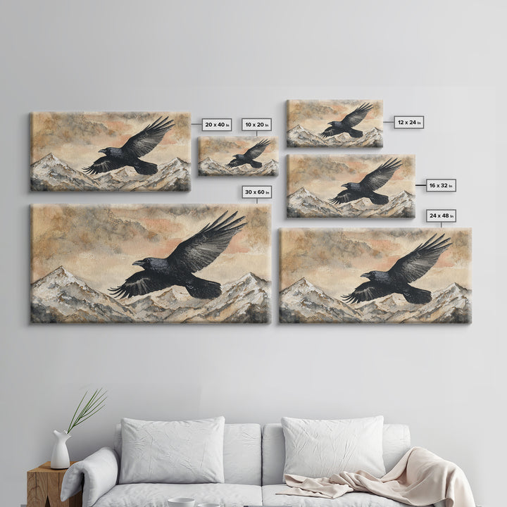 Raven Flying Through Snowy Mountains Canvas Print, Wildlife Art, Textured Painting, Living Room Decor, Fine Art, Wild, WIL-2x1-44