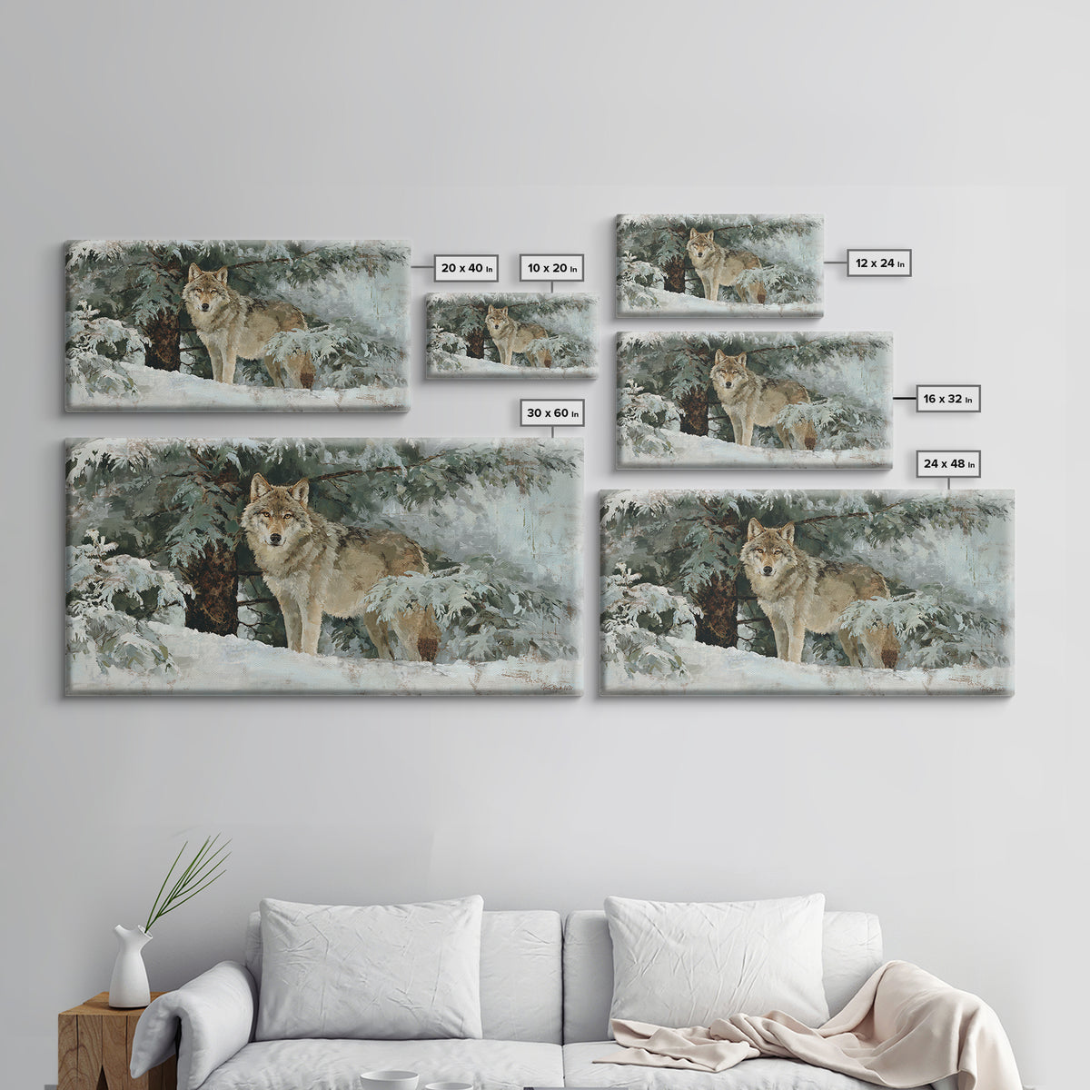 Wolf Standing Beneath Snowy Pine Trees Canvas Print, Wildlife Art, Wall Art Print, Living Room Decor, Oil Painting, Wild, WIL-2x1-47