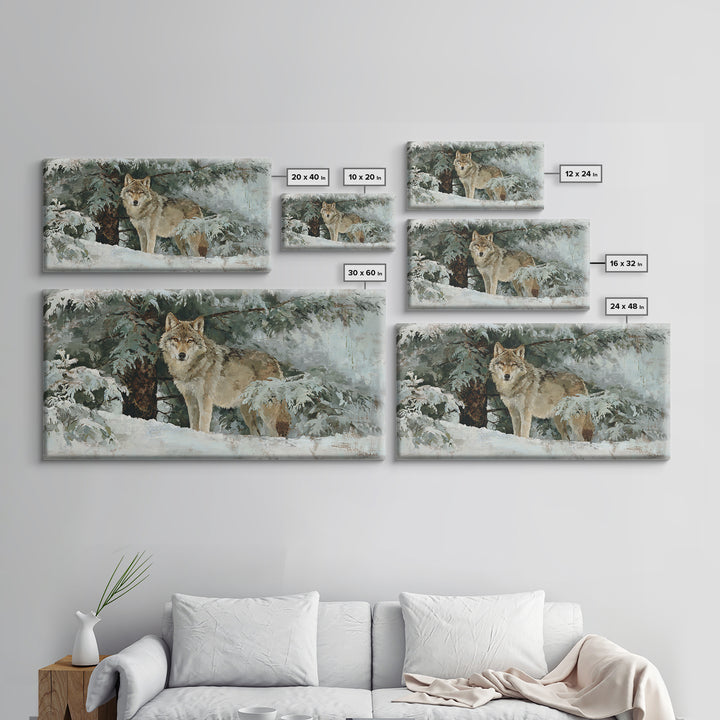 Wolf Standing Beneath Snowy Pine Trees Canvas Print, Wildlife Art, Wall Art Print, Living Room Decor, Oil Painting, Wild, WIL-2x1-47
