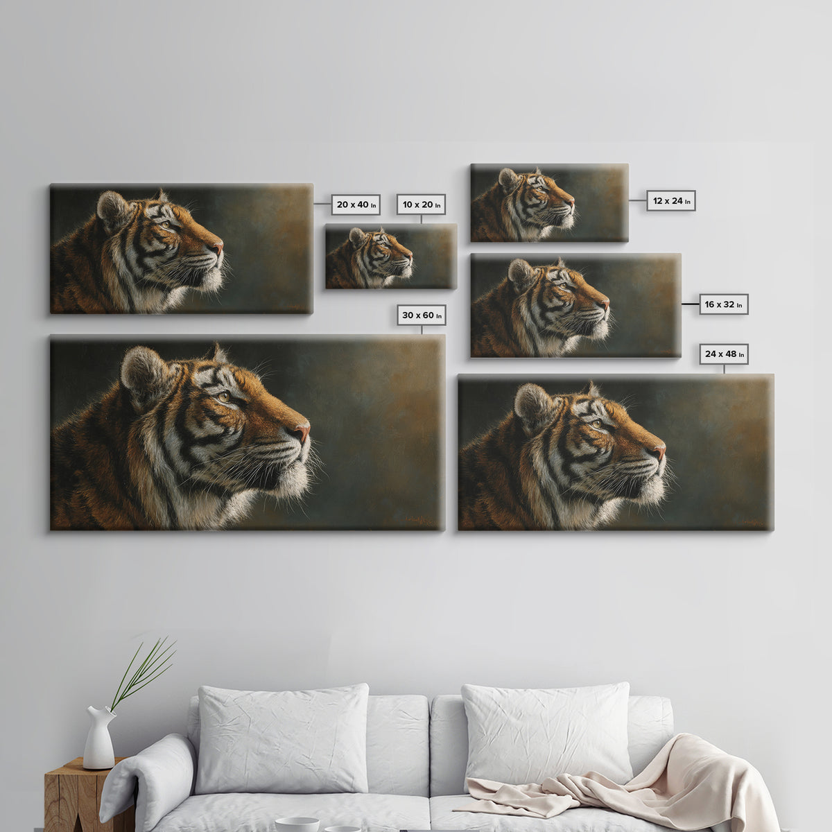 Tiger Portrait with Jungle Shadows Canvas Print, Wildlife Art, Digital Wall Art, Living Room Decor, Fine Art, Wild, Modern Art, WIL-2x1-49
