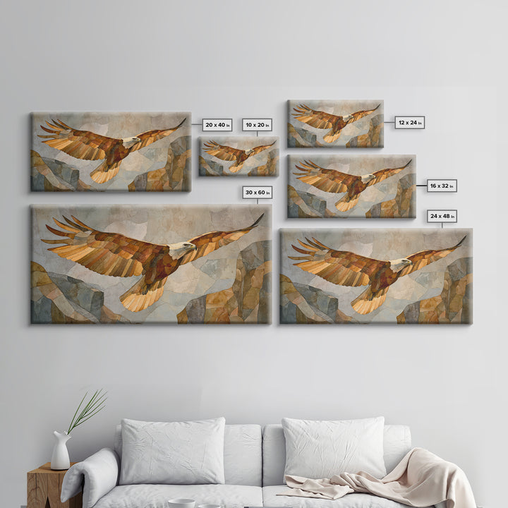 Eagle Soaring Above Rocky Cliffs Framed Canvas Print, Wildlife Art, Minimalist Decor, Living Room Decor, Fine Art, Wild, WIL-2x1-50