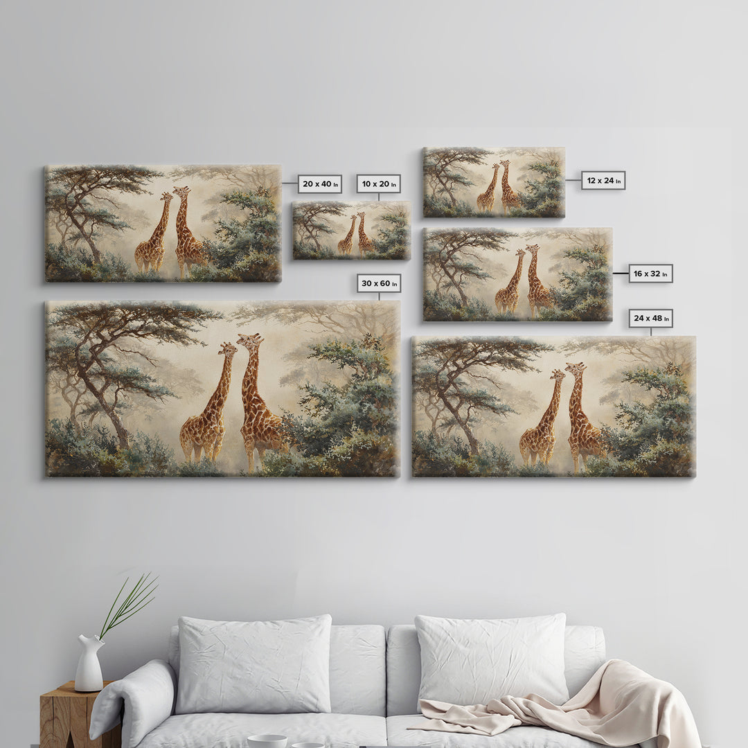 Giraffe Pair under Acacia Tree Framed Canvas Print, Wildlife Art, Modern Wall Art, Living Room Decor, Watercolor Art, Wild, WIL-2x1-51