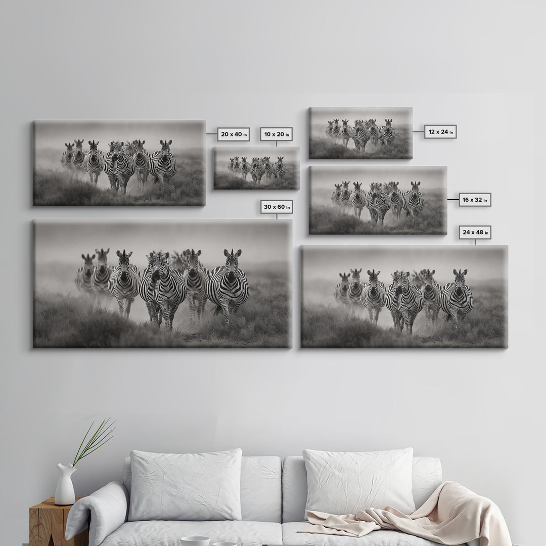 Zebra Herd in Graphic Black and White Framed Canvas Print, Wildlife Art, Boho Wall Decor, Living Room Decor, Fine Art, Wild, WIL-2x1-55