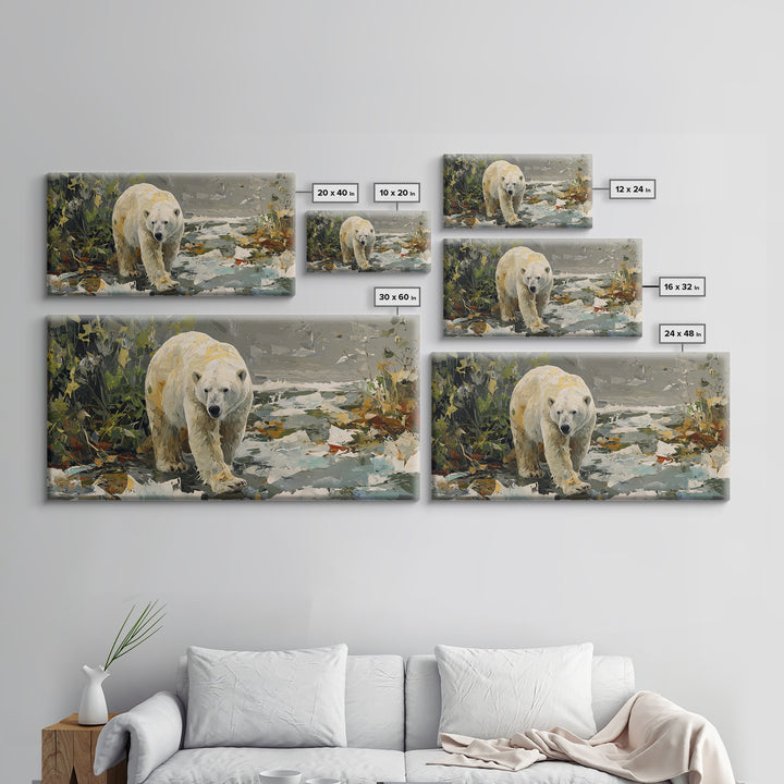 Polar Bear Crossing Blue Ice Framed Canvas Print, Wildlife Art, Landscape Art, Living Room Decor, Watercolor Art, Wild, WIL-2x1-59
