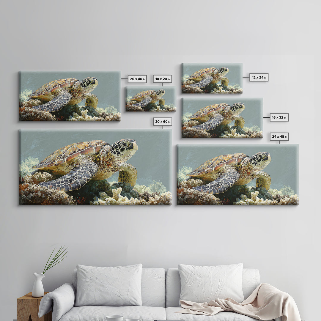 Sea Turtle over Coral Reef Canvas Print, Wildlife Art, Room Decor, Living Room Decor, Oil Painting, Wild, Large Wall Art, WIL-2x1-62